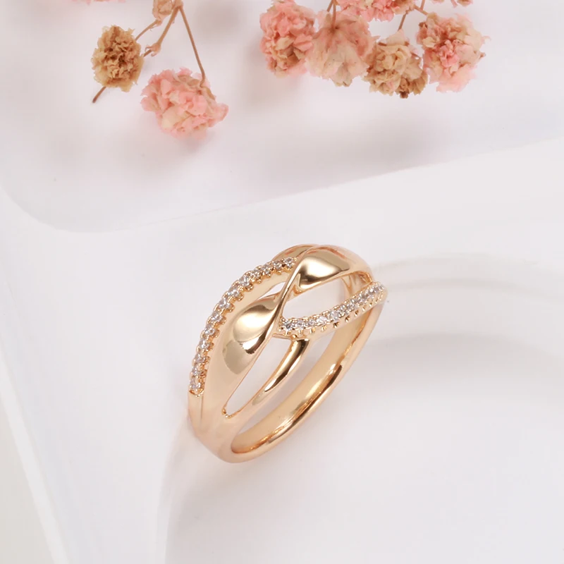 Fashion Twist Double Zircon Women Rings 585 Gold Color Trendy Party Accessories Modern Wedding Jewelry Hypoallergenic wedding rings gold plated rings gold rings golden ring