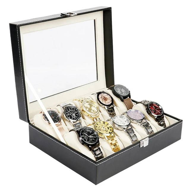Caja de relojes para hombre - Estuche con 6 compartimentos, fibra de  carbono, caja grande, metal, negro