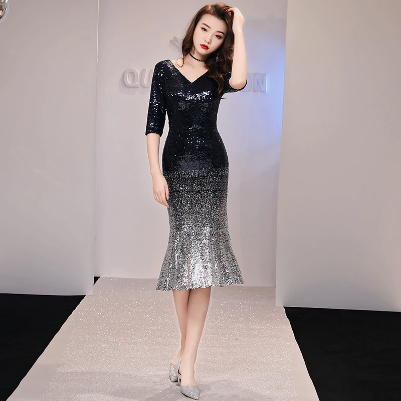 Серебряное Вечернее платье для женщин короткий узкий Новинка Cheongsam Vestidso Половина рукава блестками Русалка Qipao большой размер 3XL