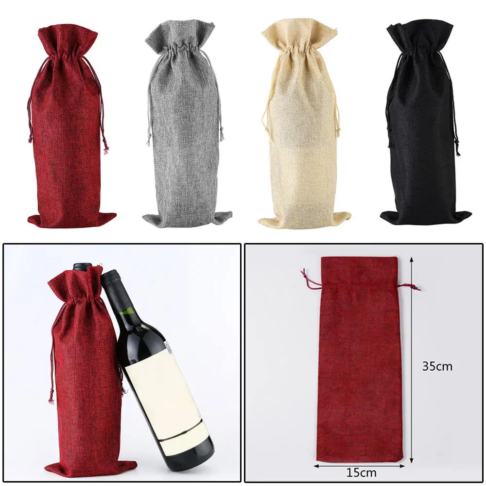 12pcs Burlap Drawstring Bag Linen Wine Bottle Hessian Decor Gift Wrapping Set 