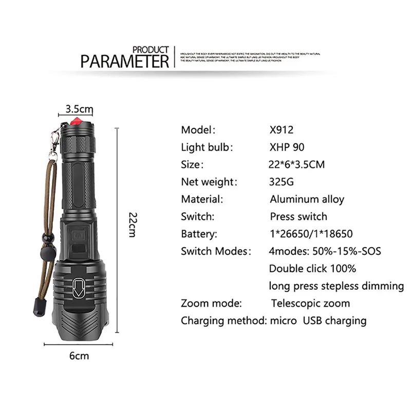 XHP90 LED Torch Flashlight Light Rechargeable 18650 Lamp Ultra Bright LCD Design 22x6x3.5CM Lanterna 40NOV2513