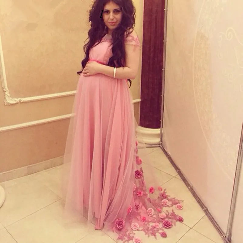 

2018 Hot Sale Cap Sleeve Pink Long Pregnant Women Handmade Flowers Maternity Evening prom Gown mother of the bride dresses