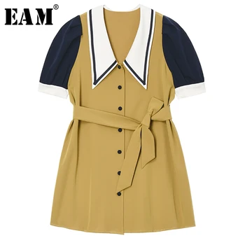

[EAM] Women Yellow Contrast Color Split Temperament Dress New Lapel Short Sleeve Loose Fit Fashion Spring Summer 2020 1U413
