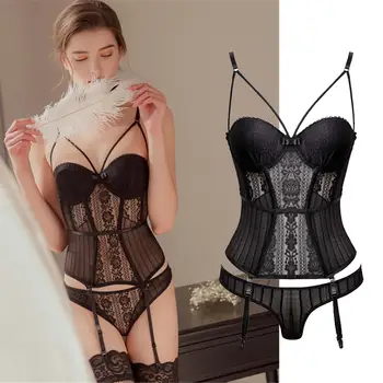 

CYHWR sexy eyelash lace transparent fun shapers vest garter and panties for women lingerie set