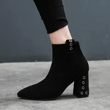 

Sexy Pointed Toe Women Short Autumn Boots Black Suede Chelsea Booties Studded 8cm Chunky High Heels Botas Mujer Zapatillas Boots