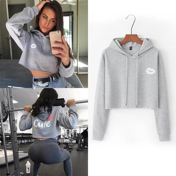 

New 2019 Hot Popular Style Women Summer Sexy Exposed Umbilical Hole Design Hooded Lips Letter Printing Hoodies Short Style Tops