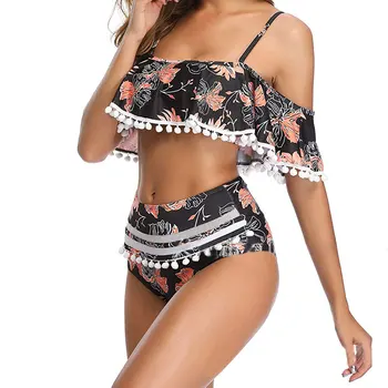 

Women Printed Striped Solid Push-up Padded Ruffled Bikini Sets with Tassel Lady Summer High Waist Swimwear Swimsuit Bathing Suit