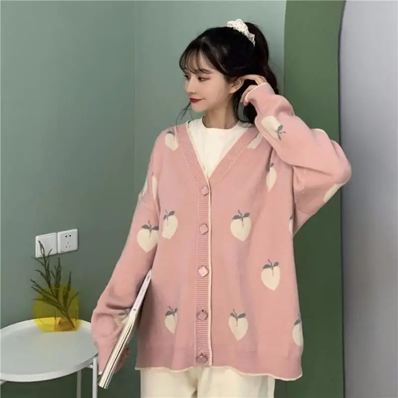 

Winter Sweater Cardigan Cute Pink Coat Women Peach Cardigans Knitted Oversized Jacket 2020 Korean Autumn Long Sleeve Pull Femme