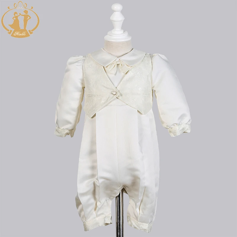 Newborn Baby Boy Baptism Outfits Clothes Cotton Broadcloth Single Breasted Solid Full Sleeve Set Bow Lace Christening Gown