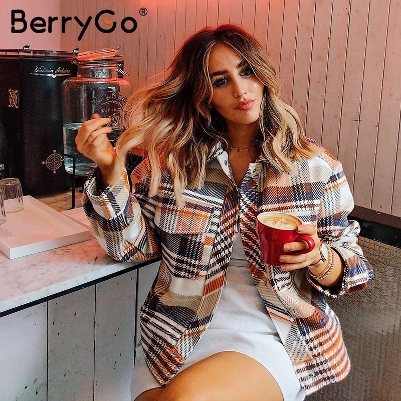 wonderful  BerryGo Single breasted women plaid jacket coat Long sleeve Streetwear oversize ladies coat casual 