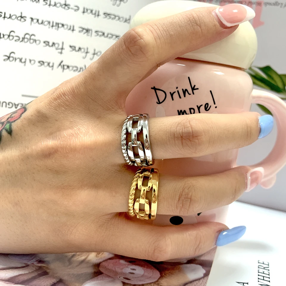 New 18 K Stainless Steel Chubby Rings For Women Simplicity Water Drop Gold Color Chain Ring Wedding Party Rings Jewelry Gift