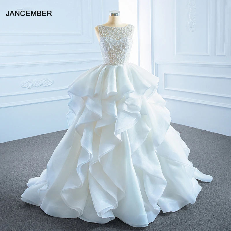 RSM66720 2021 Elegant White Transparent Lace Bridal Wedding Dress Frill Backless Lace Up Design Formal Party Gown 1