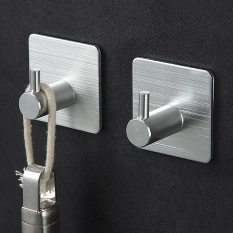 2Pcs/set Stainless Steel Self-adhesive Bathroom Hooks Kitchen Towel Sponge Holder Wall-mounted Door Hanging Hook Racks