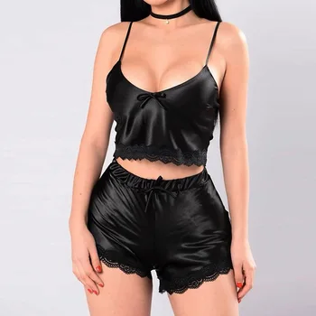 

Women Ladies Sleepwear Women Satin Sexy Lingerie Lace Pajamas Set Elegant Sleeveless Top and Shorts Night Suit Set Underwear