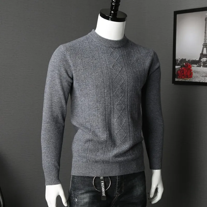 

High Quality Men O-Neck Pullover Sweater Solid Color Slim Fit Warm 100% Wool Knit Top Business Man Slim Fit Woolen Knitwear Tops