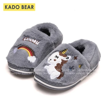

Cartoon Unicorn Kids Indoor Fur Plush Slippers Toddler Boy Girl Rainbow Winter Shoes Children Cute Flats Bedroom Home Flip Flops