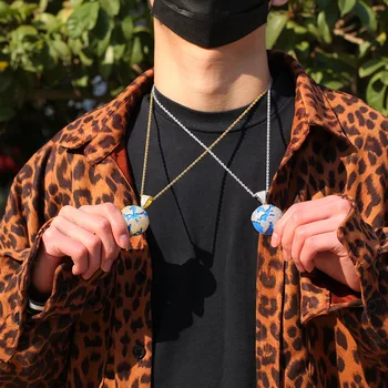 

Eurpe New Iced Out Blue Earth Pendant Bling Zircon Necklace For Men & Women Fashion Hip Hop Creative Trend Jewelry Gift Necklace