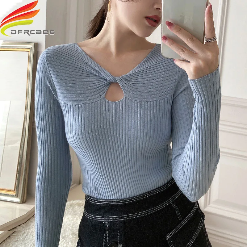 

New 2020 Autumn Winter Women's Sweater V-Neck Cross Knitted Long Sleeve Women Pullovers Hollow Out Casual Sexy Wild Top Pull