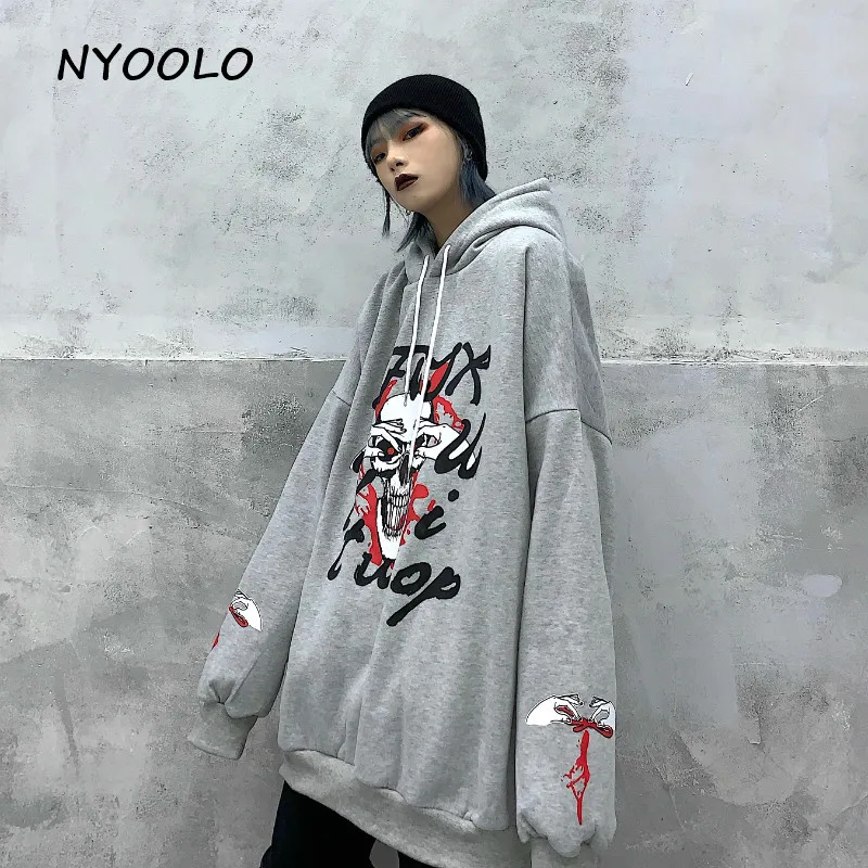 NYOOLO, Harajuku, уличная одежда, Череп, буквы, принт, свободные, теплые толстовки, Осень-зима, плюс бархат, пуловер, толстовка с капюшоном, для женщин и мужчин