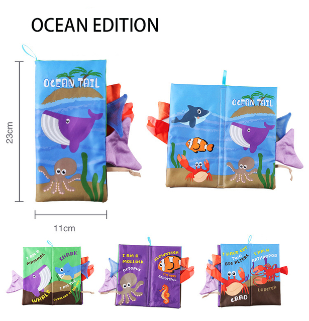 Cloth Book Baby Three-dimensional Animal Tail Cloth Book Washable HangingToys TearingNot RottenEnglish Cognitive Cloth Book