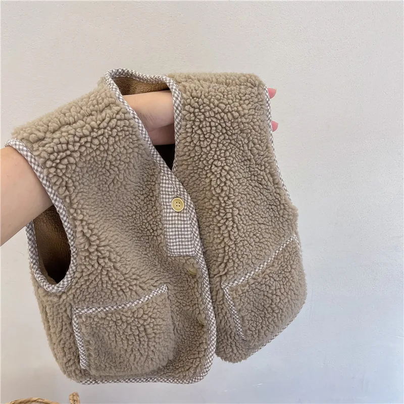 Winter Warm Kids Vest Solid Baby Sleeveless Lamb Wool Coat Children Thicken Vest Cotton Girls Windproof Children Jacket