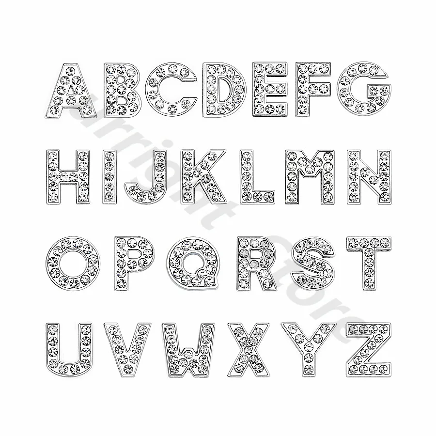 

1pc A-Z silver rhinestone English letter Alphabet Internal Dia:8mm Slide Letter charms Fit DIY keychain Bracelet Pet Collar