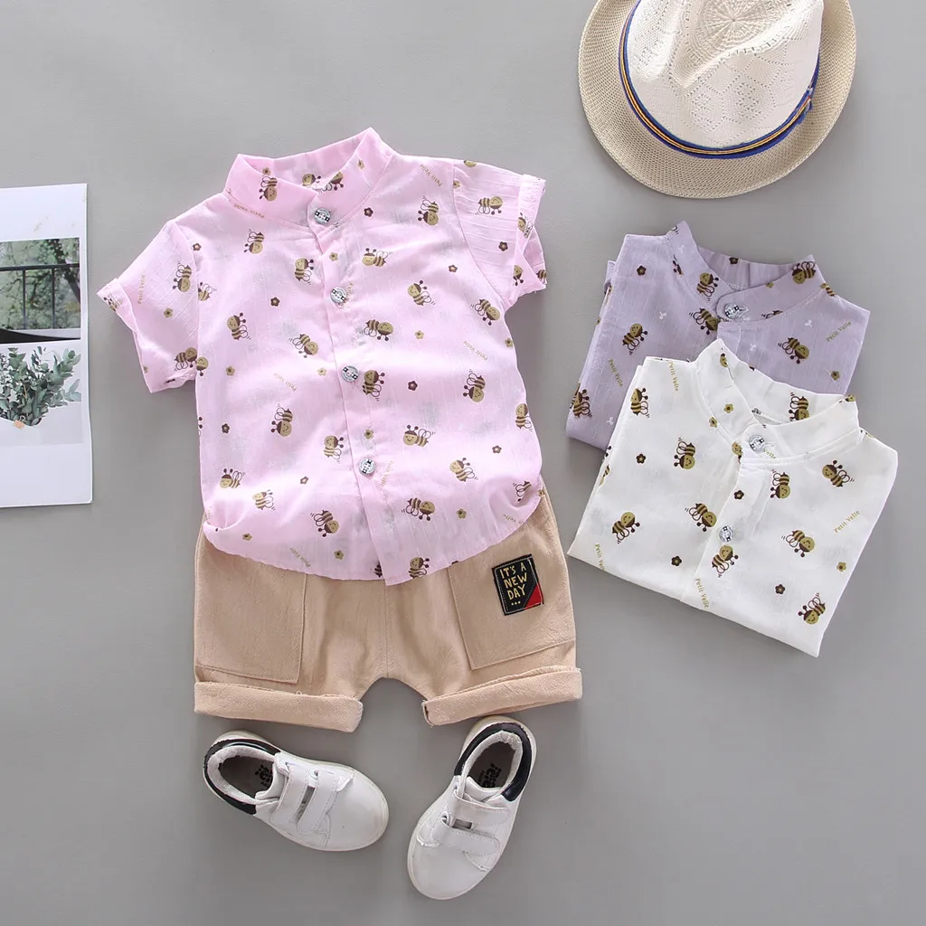 0-36M Toddler Kid Baby Boy Clothes Cotton Print Short Sleeve Bee Pattern Shirt Tops+Shorts Set Summer Clothing |