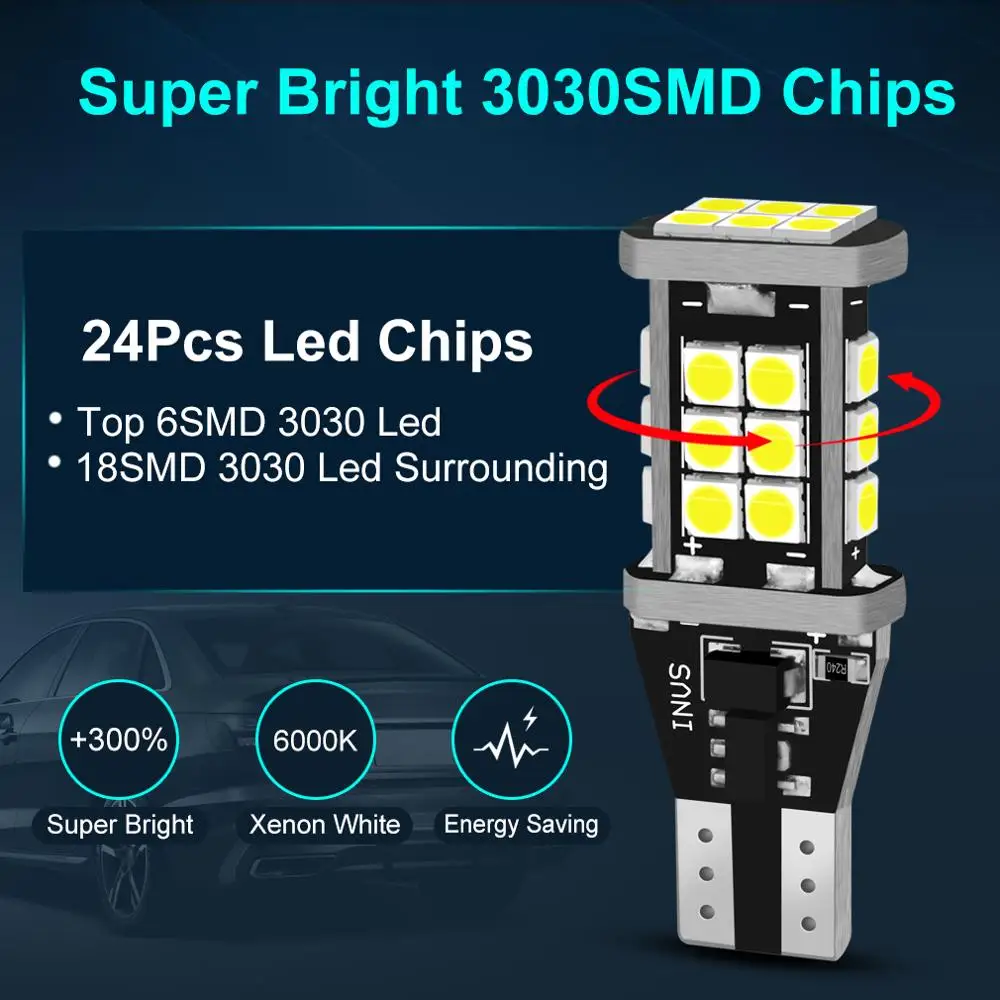 W16W LED  T15 Led Canbus OBC,  , 920 921 912  3030SMD ڵ     6000K  DC 12V, 2 