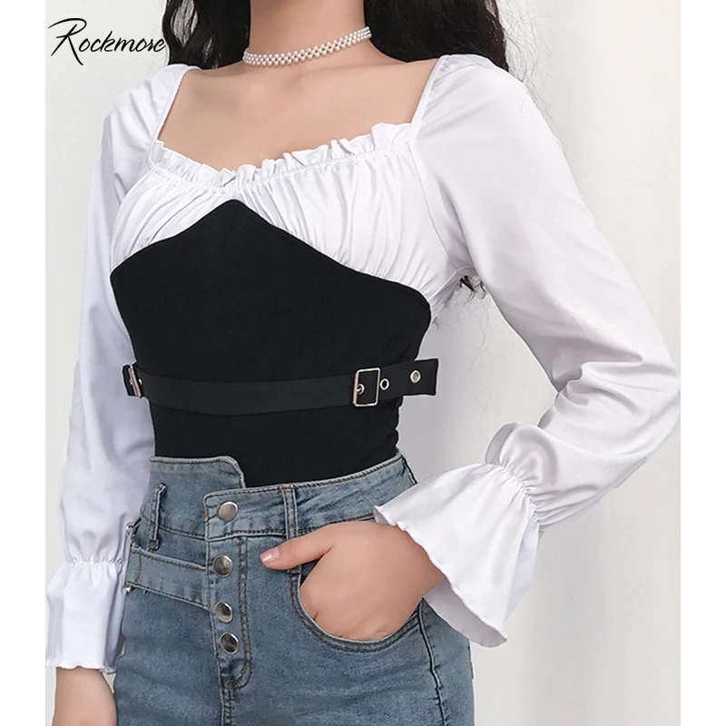 

Rockmore Panelled Condole Bow Belt Bodysuits Women Long Sleeve Autumn Contrast Color Jumpsuit Femme Elegant Office Bodysuit Fall
