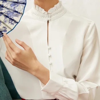 

New Court wind agaric side bud silk coat pure color silk shirt female spring long sleeved shirt