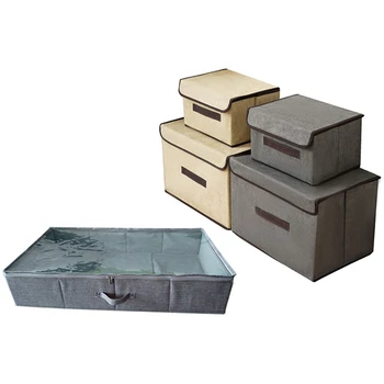 

5 Pcs Collapsible Large Storage Basket Box Organizer, 1 Pcs Gray & 4 Pcs Beige-Grey