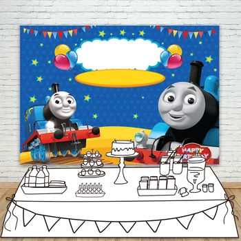 

Custom Blue Sky Yellow Stars Train Photographic Backdrop Boys Birthday Party Decor Dessert Table Banner Photography Background