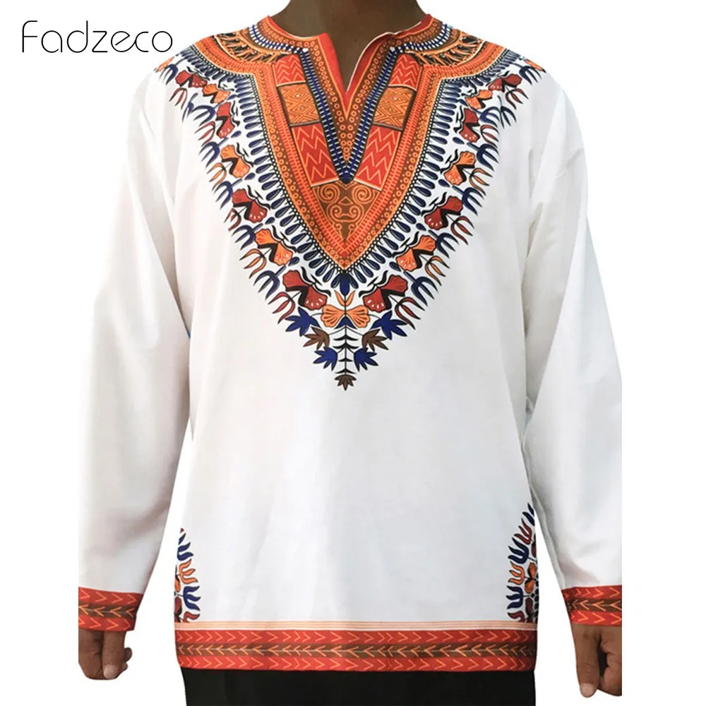 White Fadzeco рубашка в африканском стиле для мужчин с v-образным вырезом и длинными рукавами рубашка большого размера Дашики Модный этнический принт повседневный мужской традиционный Африканский Топ - Цвет: White