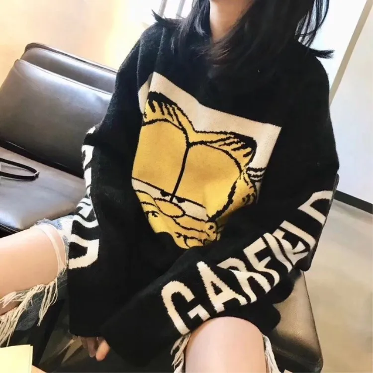 

2019 Autumn And Winter New Style Cartoon Pattern Loose-Fit Sweater Women's Korean-style Versatile Large Size Mid-length Sweater