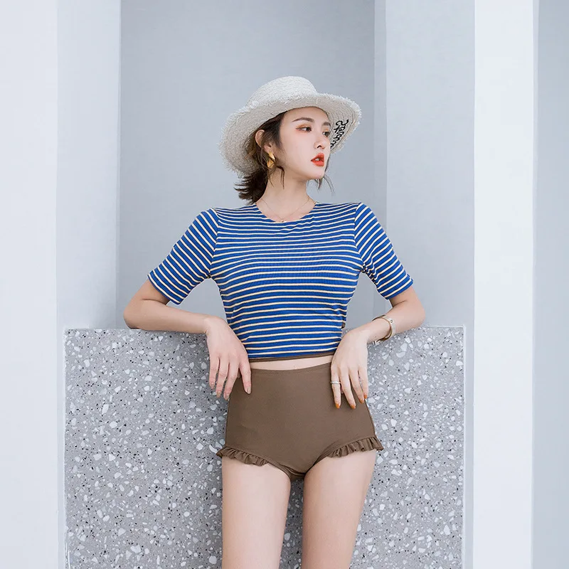 

Tankini Swimwear For Women Two Piece Swimsuit New Push Up Bathing Suit Swimming Female Striped Vest Short Long Sleeve Covering