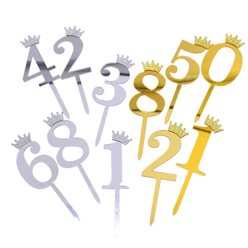 Mirror Surface Cake Topper Acrylic Number 0-9 with Crown Kids Birthday Party Cake Decorating Wedding Anniversary Topper 5/10Pcs cake topper cake toppers