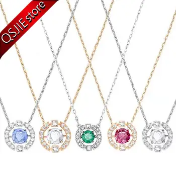 

QSJIE High-quality SWA new beating heart-woman clavicle chain jumping geometric Circular Crystal Pendant Necklace