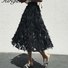 Женские Модные плиссированные юбки с перьями и кисточками на весну и осень, женские вечерние юбки средней длины с эластичной талией, Saias Faldas Jupe Femmle
