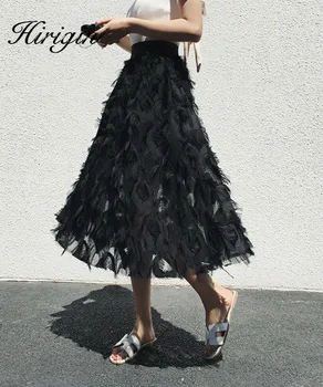 

Spring Autumn Women Fashion Feather tassel Pleated Skirts Elastic High Waisted Women Midi Party Skirt Saias Faldas Jupe Femmle