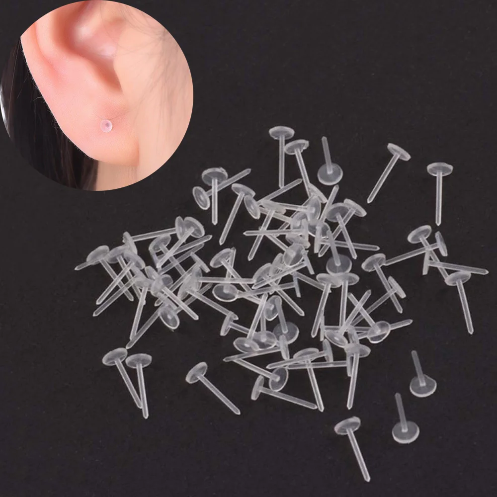 100 Pares De Aretes De Alergia Libre Transparente Stud de plástico transparente vástago de resina de vuelta