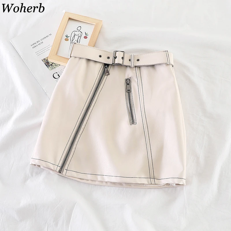 apricot skirt Woherb Осень Зима высокая талия юбки-карандаш женский пояс молния искусственная кожа юбка Офисная Женская мини-юбка Уличная одежда 90282 - Цвет: apricot skirt