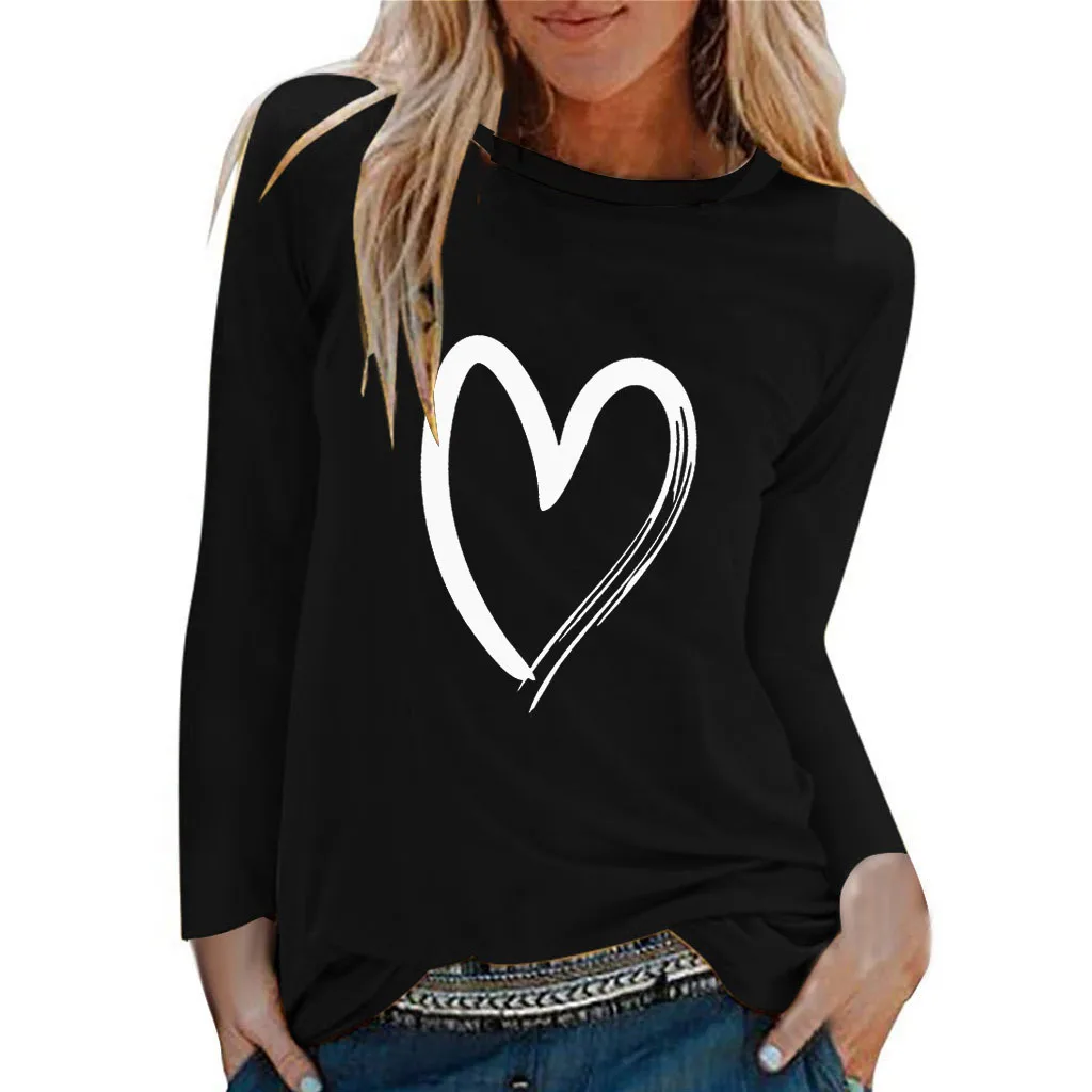 Футболка с сердечком размера плюс, женская футболка с принтом и длинным рукавом, тонкая простая Базовая футболка, Femme Top Camiseta Mujer, женская футболка - Цвет: Black