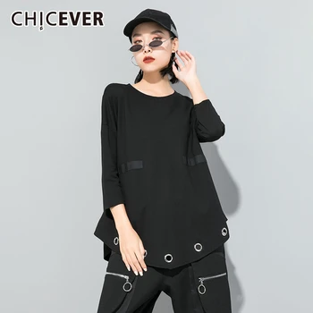 

CHICEVER Irregular T-shirt Women O Neck Three Quarter Sleeve Large Size Hollow Out Asymmetric Shirts 2020 Summer Fashion Clothes