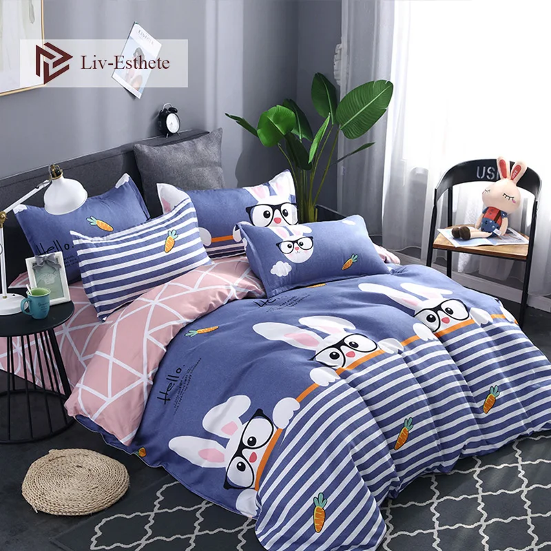 

Liv-Esthete Rabbit Cartoon Bedding Set Duvet Cover Bedspread Flat Sheet Double Queen King Bed Linen For Adult Kids Wholesale