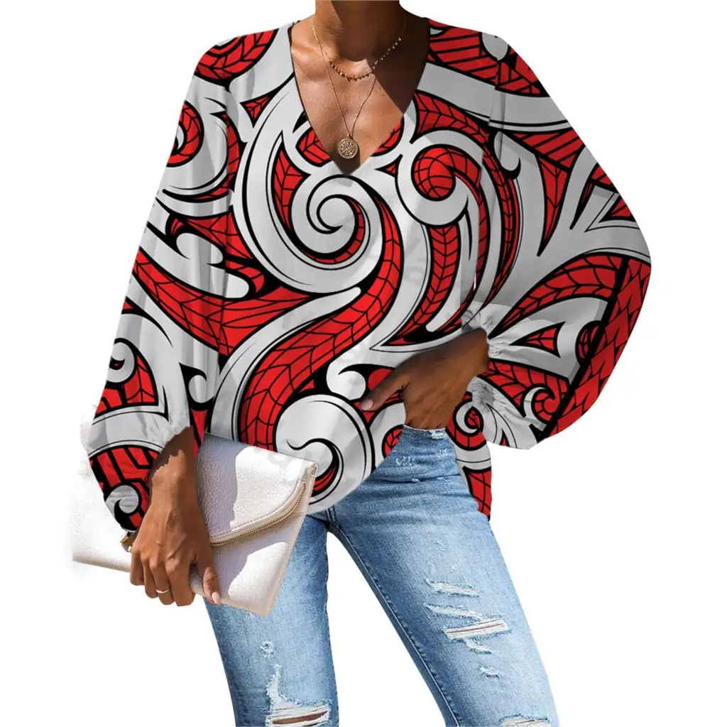

Aulaygo Polynesia Patterned Chiffon Women Blouse Tonga Style Loose Long Sleeve V-neck Tops Leisur Refreshing Clothes For Female