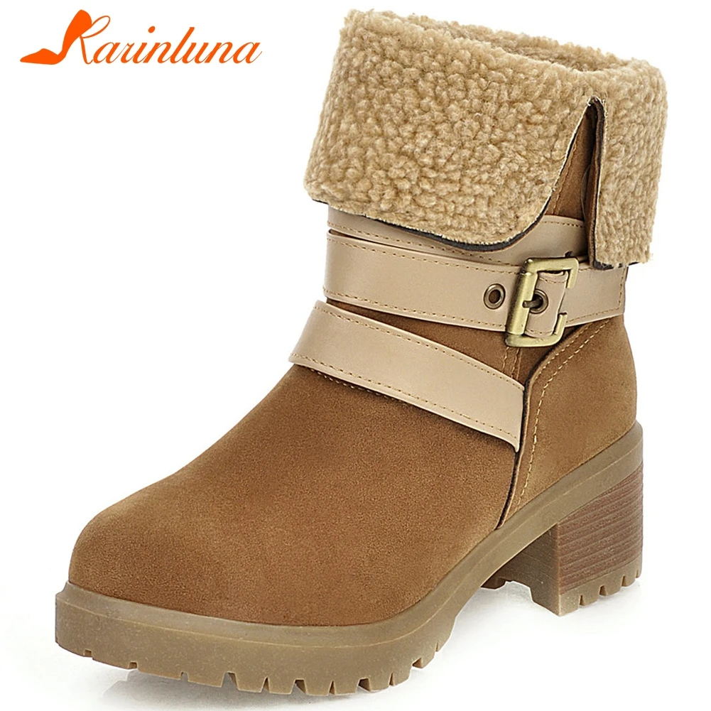 

Karinluna New Fashion snow boots Add Fur Warm Winter Boots Woman Shoes Chunky Heels Slip On Platform Shoes Women Boots