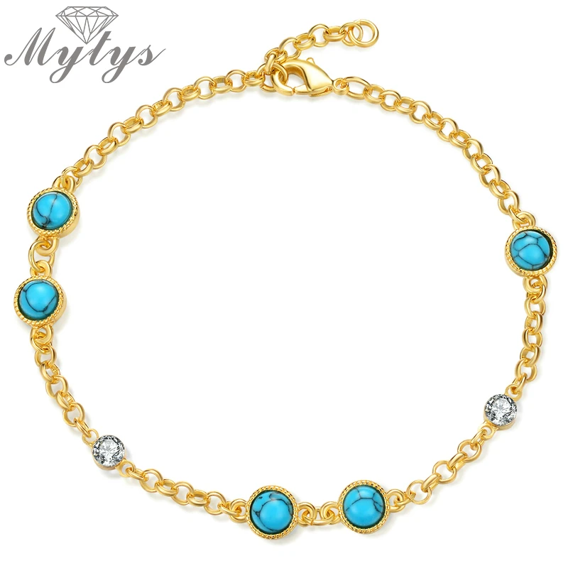 Mytys золотой цвет голубой камень браслеты для женщин Кристалл Богемия Шарм браслет ювелирные изделия праздника B1157