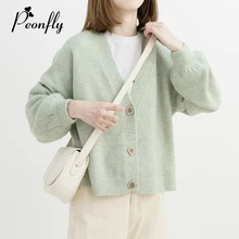 PEONFLY зеленый желтый короткий кардиган женский осень однобортный длинный рукав свободный Caridgan Женский вязаный жакет женский