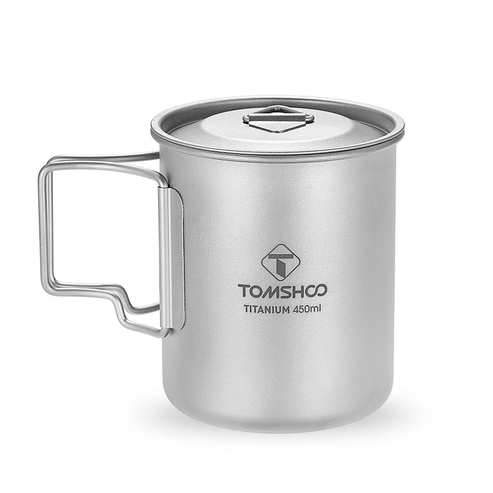 

TOMSHOO 450ml Outdoor Titanium Cup Drinkware Portable Water Cup Ultralight Camping Picnic Travel Mug with Lid Foldable Handle