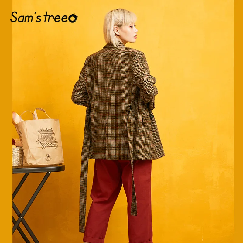 incredible  SAM'S TREE Plaid Button Front Brit Graphics Women Coat 2019 Autumn Long Sleeve Belt Casual Korean B